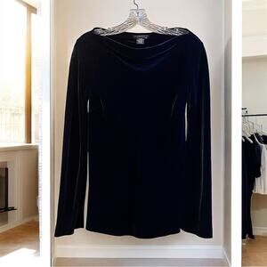 NEW BCBGMaxAzria Navy Velvet Silk Long Sleeve Boatneck Longline Top Sz XS NWOT